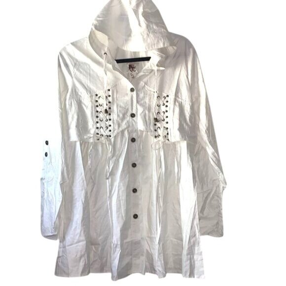 Aria White Hooded Button-Up Tunic With Lace-Up Detail Medium - Picture 1 of 9